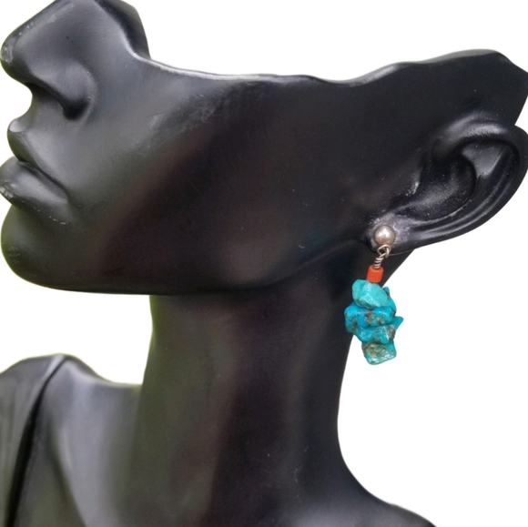 VINTAGE STERLING SILVER & RAW TURQUOISE DROP EARRINGS - Picture 1 of 4